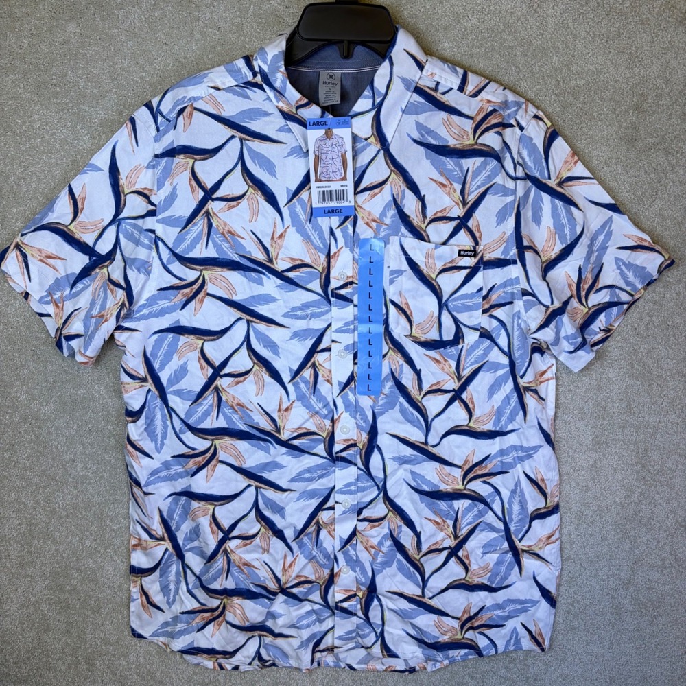 Hurley Boardwalk Shirt Mens Large White Floral Bird of Paradise Rayon NEW